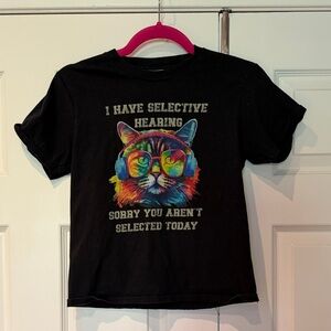 Kids Cat Graphic T-Shirt “Selective Hearing” Funny Tee Youth Medium Black